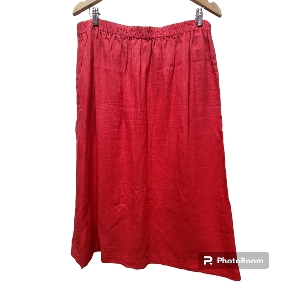 Large 100% Linen Red Maxi Skirt Tie String Stretchy Waist Pockets - Picture 2 of 6